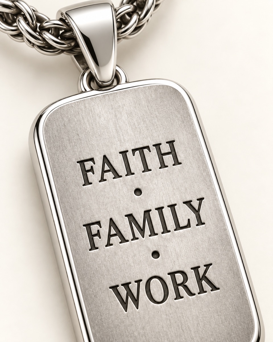 Faith Family Work Pendant — Motif detail